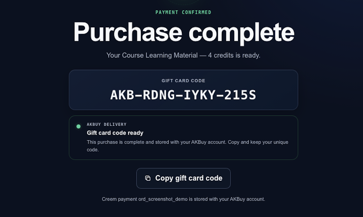 AKBuy purchase complete page with a Gift Card Code