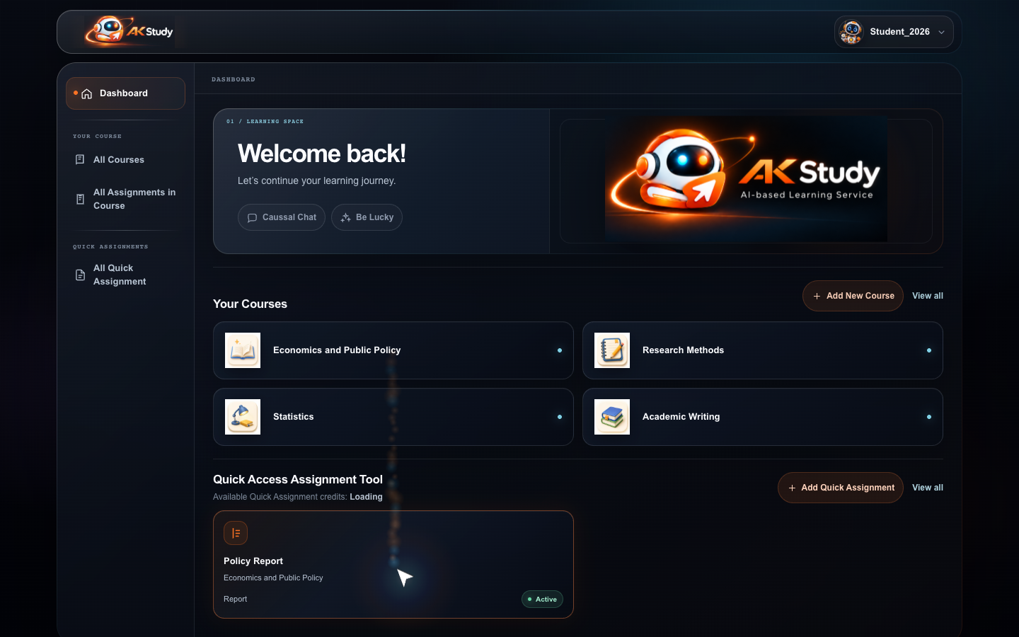 AK Study Dashboard 示例，显示课程与 Quick Assignment 区域